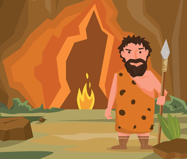 illustration of caveman standing in front of cave